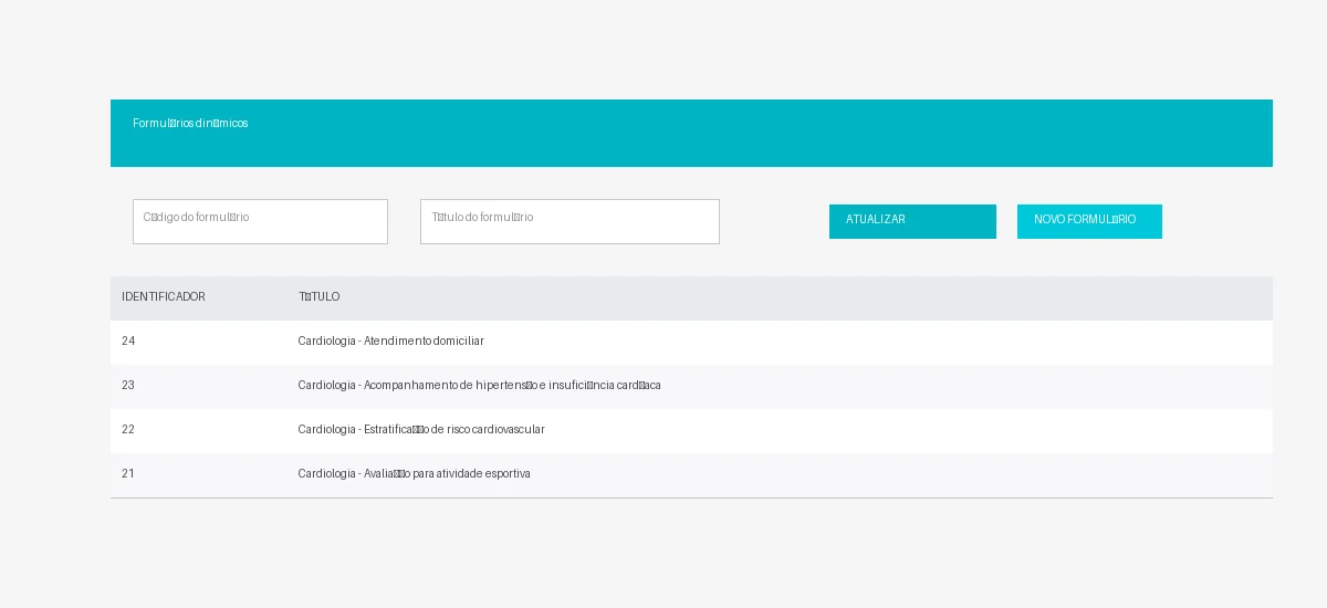 Tela de formulários dinâmicos do CliNiv, mostrando lista de formulários de cardiologia já criados